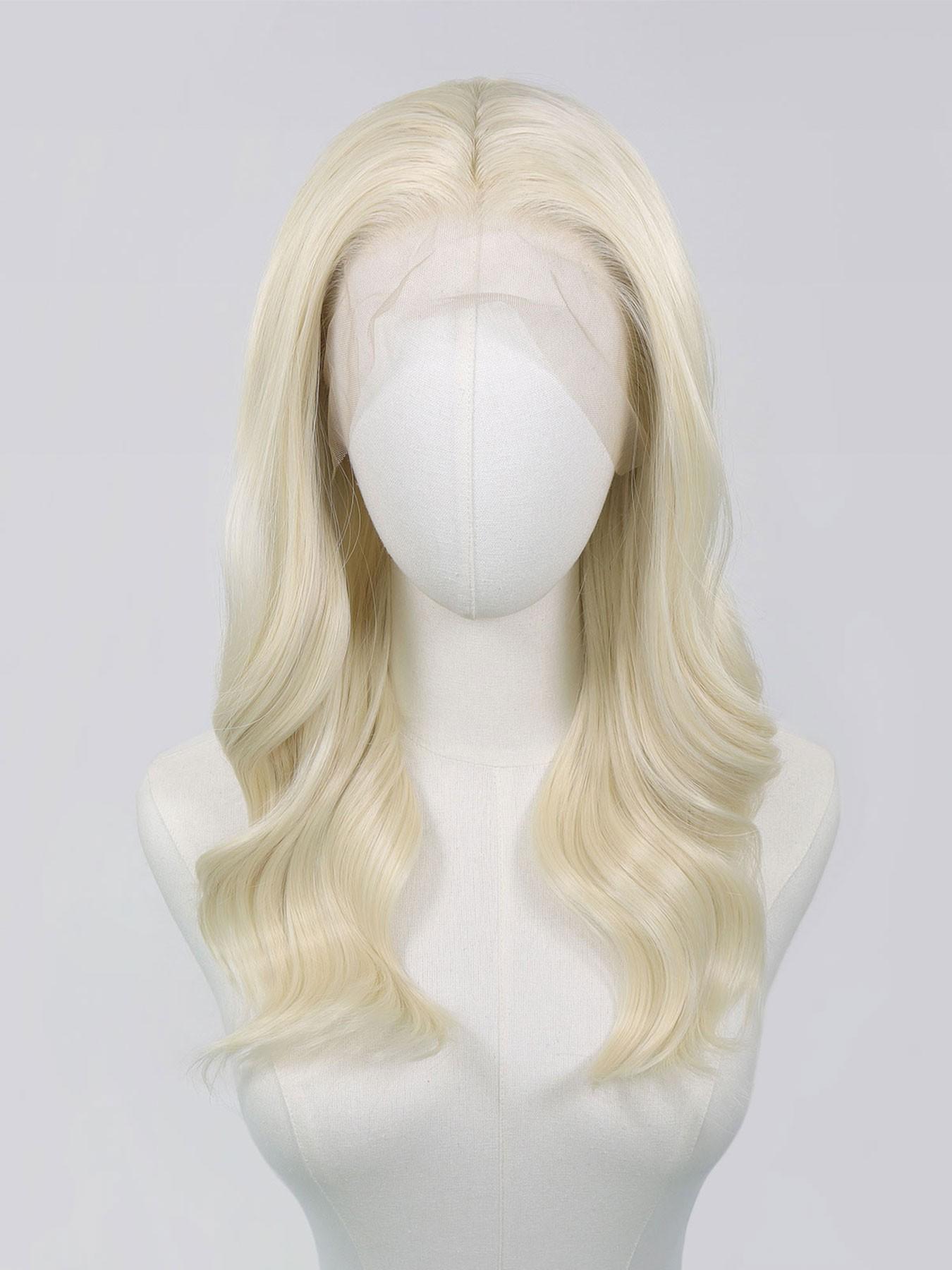 16 Inch Blonde Synthetic Lace Front Wig For Women, 13x4 Front Lace Natural Hairline,Medium Length Body Wave, Middle Part,  Heat Resistant Fiber, Daily/Party/Cosplay Wig