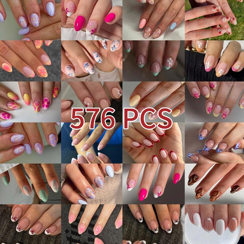 576pcs Short Oval Floral Print Fake Nails Set, Heart Bow Stripe Design, Glossy Finish, Reusable Press-On Nails for Women Girls