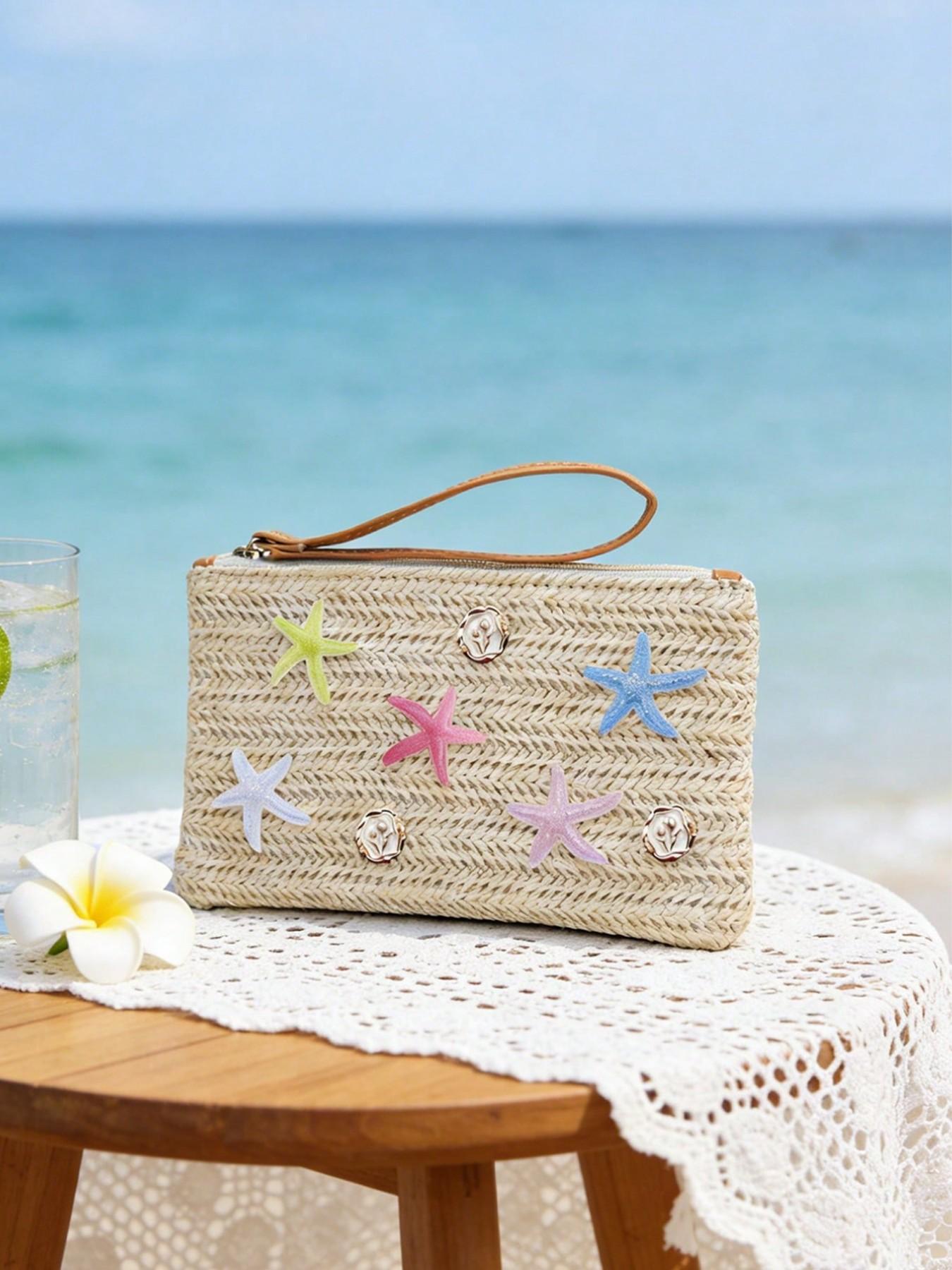 Boho Starry Straw Handbag, Colorful Star Decor, Beach Travel Bag, Summer Vacation, Casual Outings, Mother's Day Gift, Women & Teens