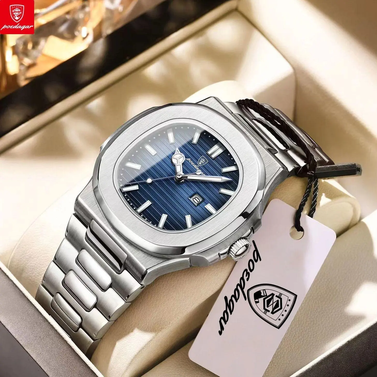 POEDAGAR Men's Luxury Fashion Stainless Steel Watch - 40mm (4cm) Square Metallic Analog Quartz, Oval Dial, Self-Luminescent Hands, Calendar Date Display, Mineral Glass, Waterproof <30M Buckle Strap, Ideal for Casual Wear, Steel Strap