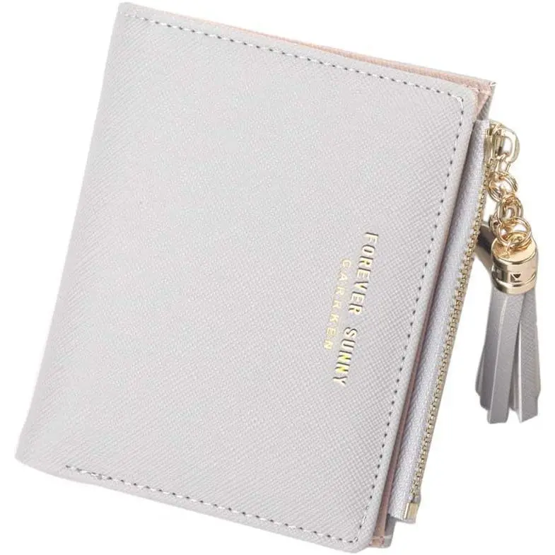 Women's Bifold Leather Mini Wallet - Compact Slim Home Organizer Purse with Zippered Pocket, Card Slots (Grey)