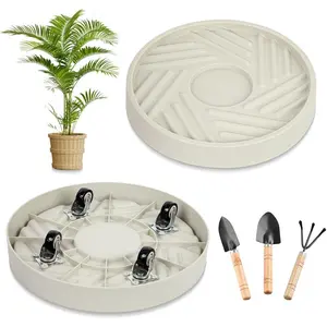 Plant Caddy with Hidden Wheels 11 Inch Heavy Duty Rolling Plant Stand, Indoor Outdoor Plant Saucer Tray with $9.9 Garden Tools (Beige)
