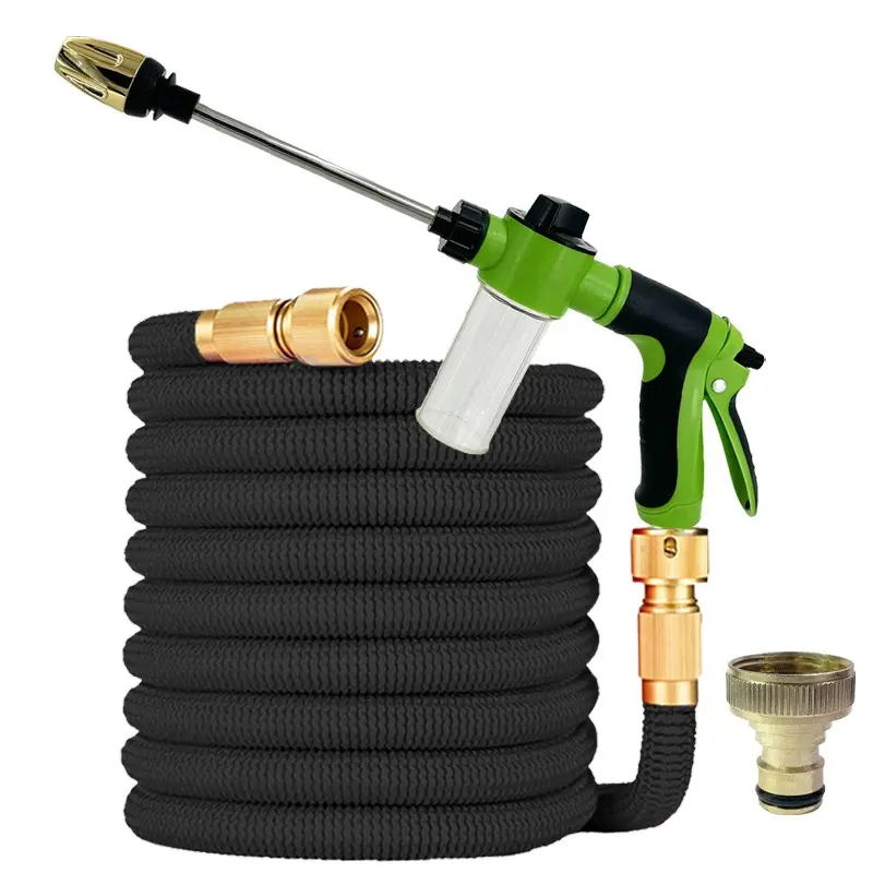 Foam Cannon Long Nozzle High Pressure Car Wash Gun, 3x Stretch Retractable Flexible Water Hose, Solid Brass Connectors for Gardening