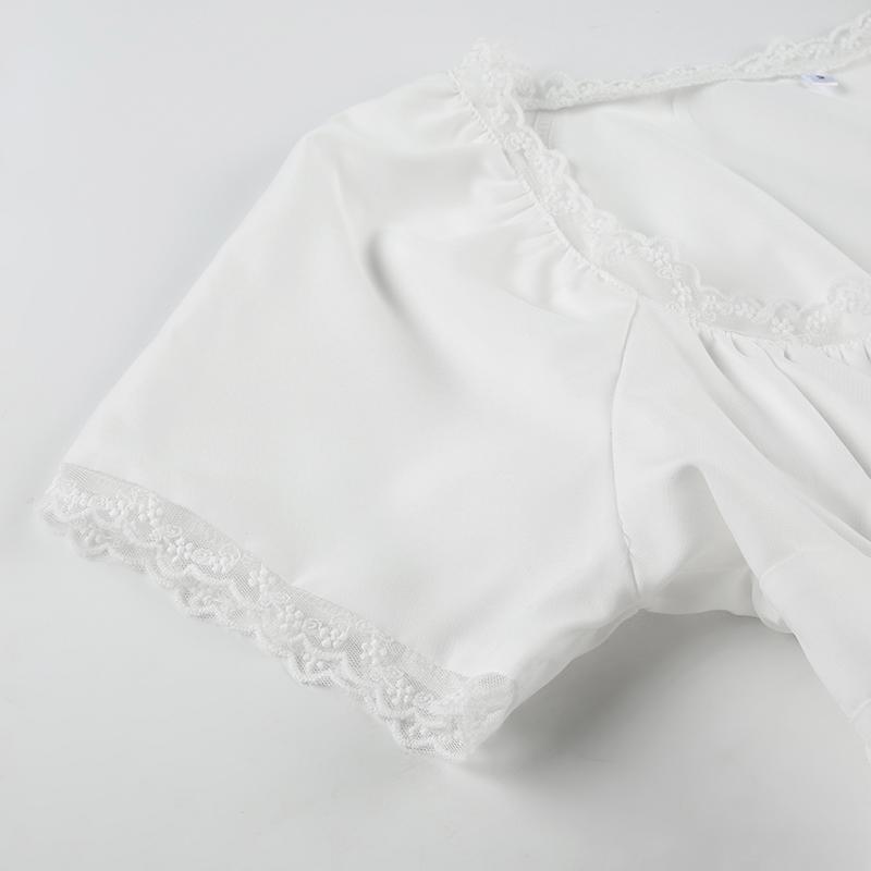 Lace Patchwork Bowknot Girls' T-Shirt, Square Neck Short Sleeve Korean Style Casual Chic Minimalist Cute Ruffle Sweet T-Shirt for Women