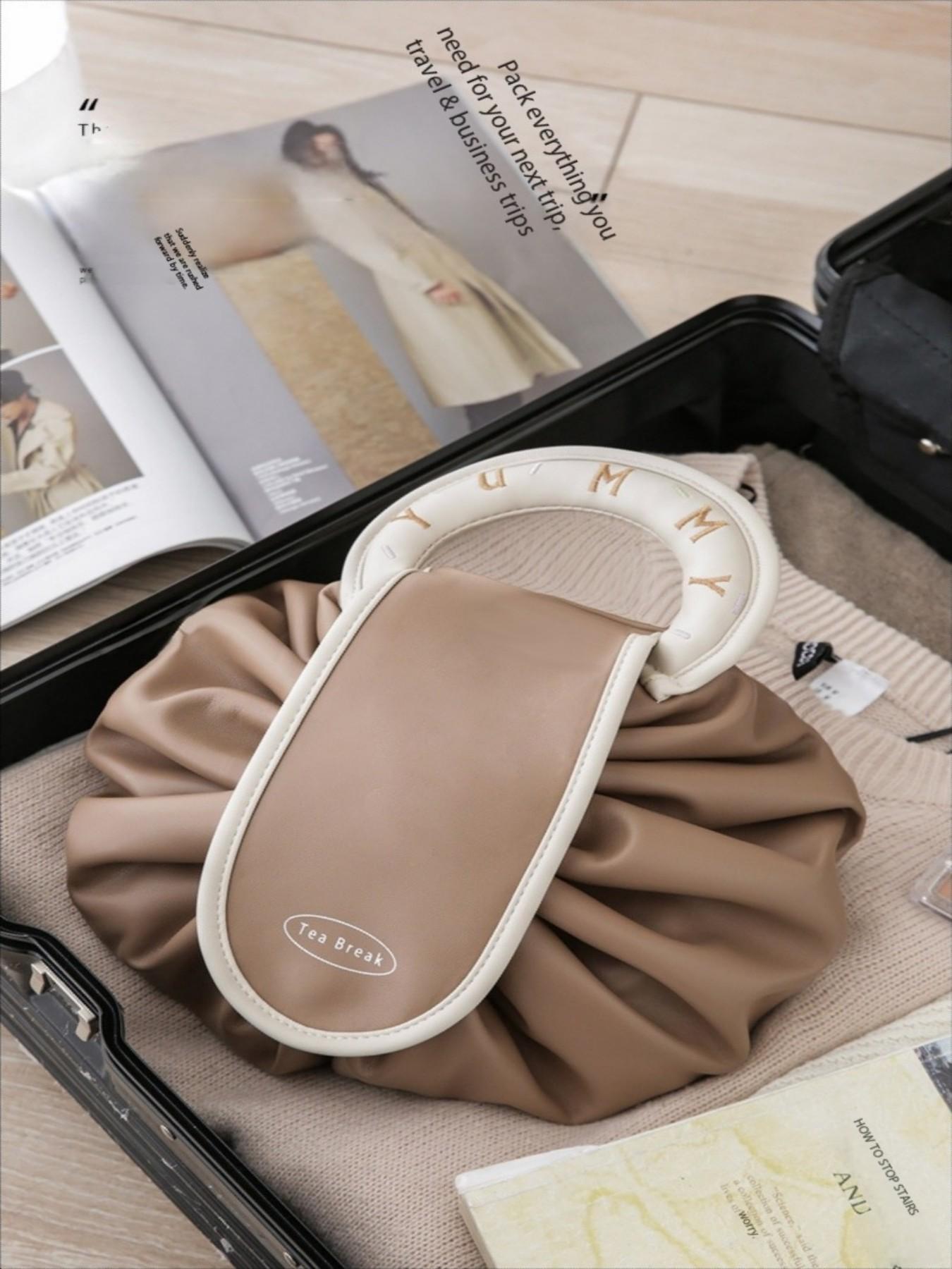 New Lazy Drawstring Makeup Bag for Women, Portable Waterproof PU Travel Wash Bag, Handheld Storage Pouch Box, High-End Design