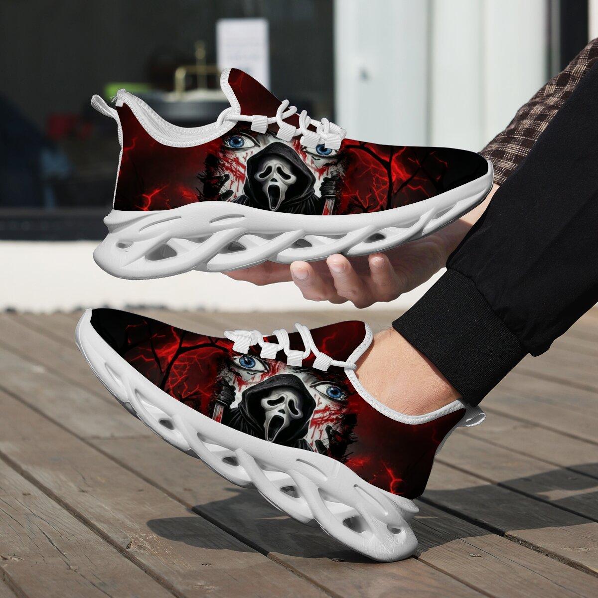 Men Women Halloween Horror Mask Print Sneakers Breathable Mesh Lace Up Blade Type Walking Shoes Lightweight Casual Sports Footwear Outdoor Walking Shoes Holiday Gift