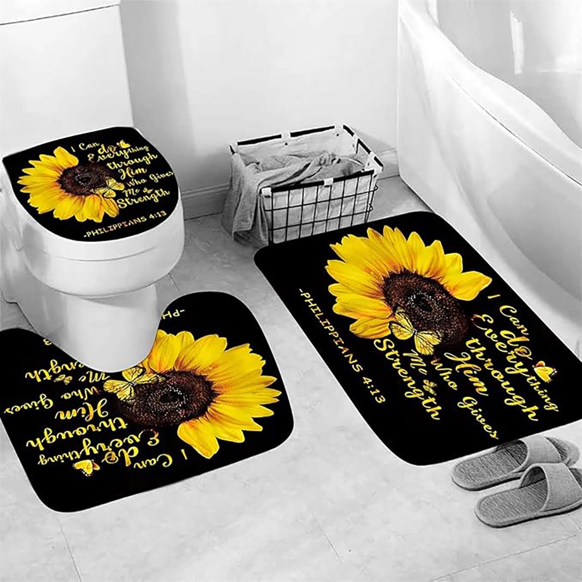 1/4pcs Sunflower Inspirational Quotes Themed Shower Curtain Set, includes a non-slip mat, U-shaped rug, and toilet seat cover. Perfect for bathroom decoration, partitioning, and beautifying the space. Comes with 12 shower curtain hooks. Shower Essentials