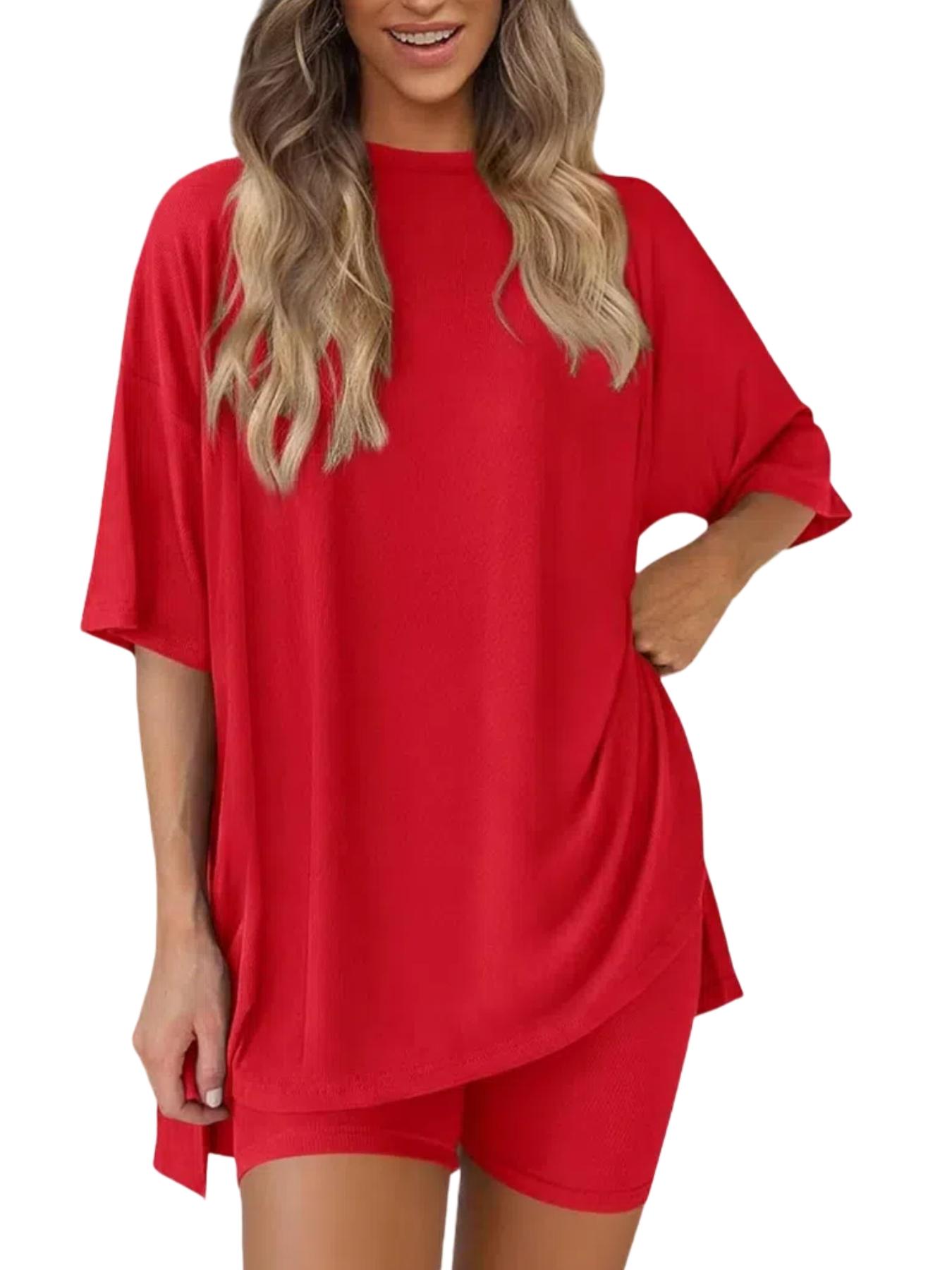 Women's Solid Color T-Shirt and Tight Shorts Lounge Set, Leisure Wear Top, Casual Comfortable Round Neck Sleepwear for Summer, Features Pockets and Suitable for Outdoor Wear