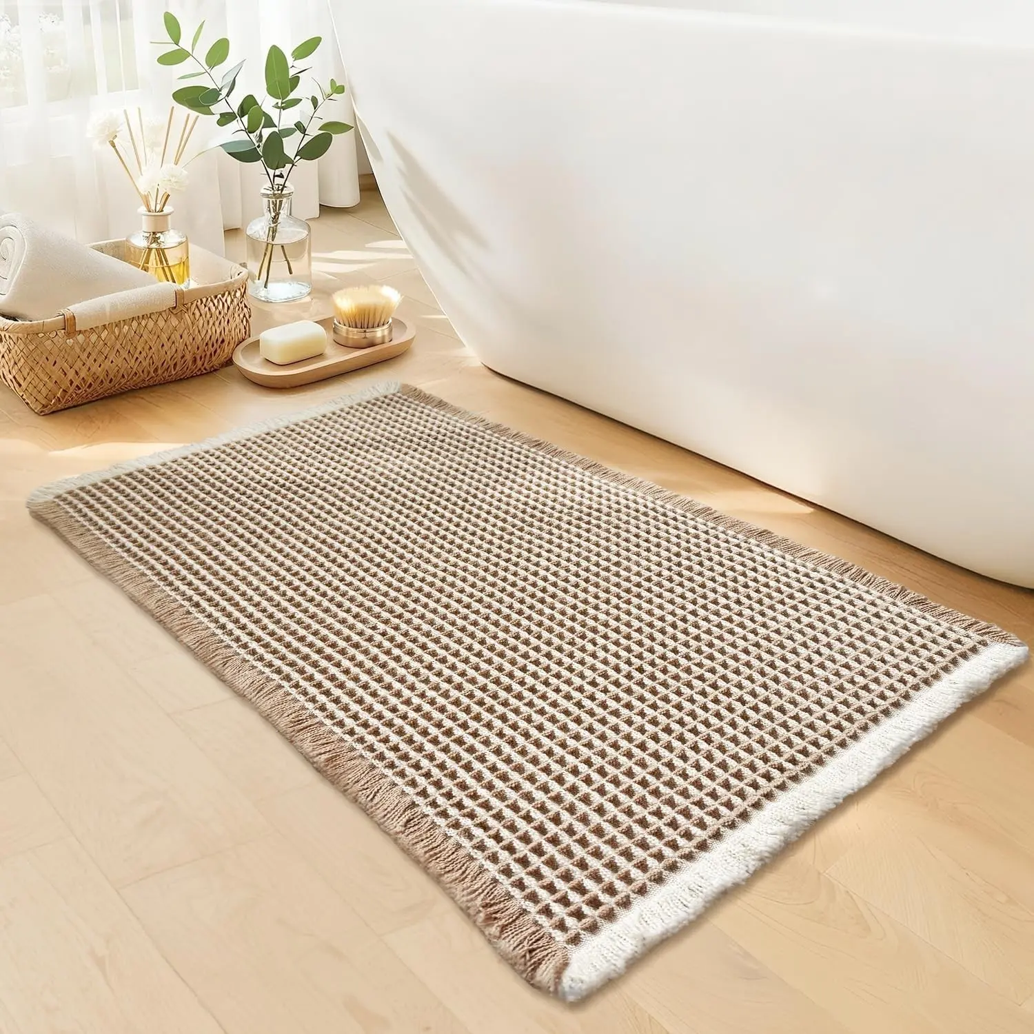 Waffle Bath Mat, Boho Bathroom Rugs Non Slip Washable, 18" x 30" | Super Absorbent Quick Dry Bath Mat, Small Boho Bathroom Mats, Soft Waffle Weave Farmhouse Bathroom Decor, Khaki and White