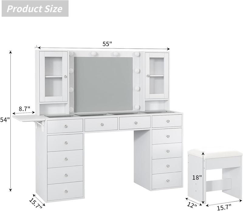 FUSOU [ Valentine's Day ] 55"W Vanity with Power Outlet【Shipping By 2 Packages】Vanity Desk with Mirror and 10 LED Lights, Makeup Vanity with 12 Drawers and 2 Cabinets, Fold-up Panel, Glass Top Vanity Table with Chair for Bedroom