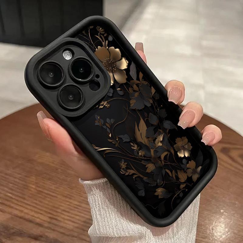 TPU IPhone Case for iPhone 15 14 Plus 17 16 Pro Max 14 13 12 11 XS  Black And Gold Flowers Pattern Drop Protection Shockproof Soft Silicone Smartphone Cover iPhone case