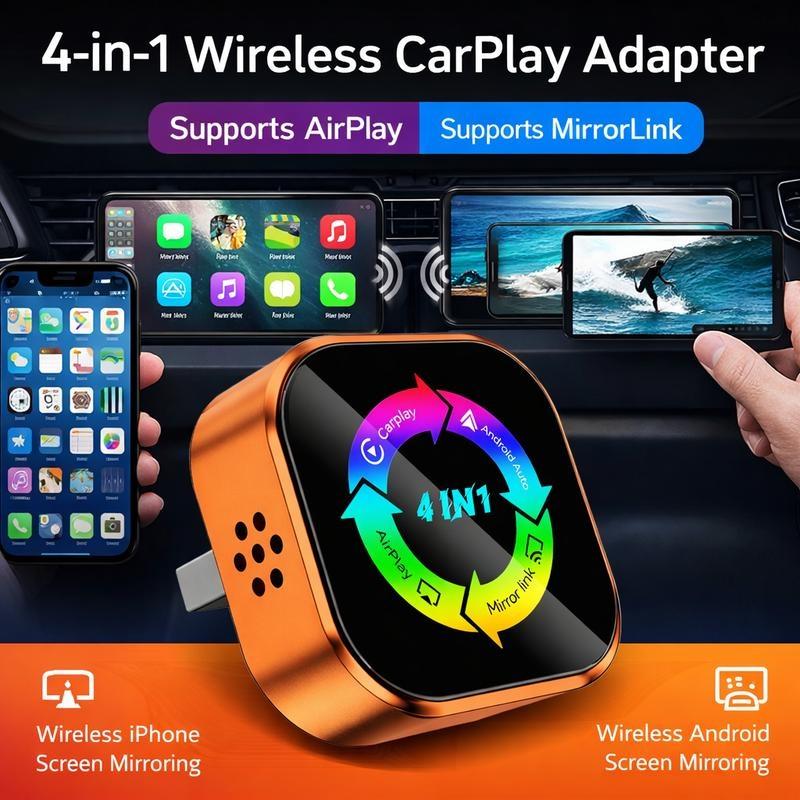2026 New 4-in-1 CarPlay Wireless Adapter - iPhone/Android Compatible | Fast Connection, Hands-Free Calling, AirPlay, Mirror Link, Netflix, Youtube type-c adapter Bluetooth 5.0 fast transmission, ultra-HD stereo sound