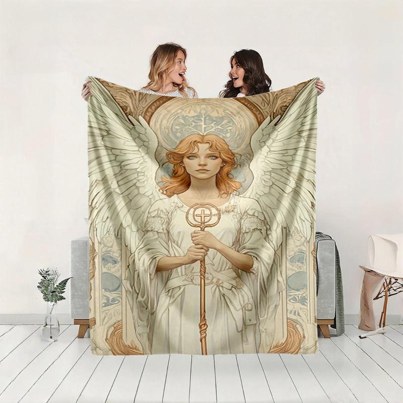 1 piece White-clad angel holding a staff, holy angel image themed flannel blanket - Oversized fluffy warm sofa blanket, flannel for beds, all-season multi-purpose, modern style, machine washable, digital print design, 100% polyester, suitable for