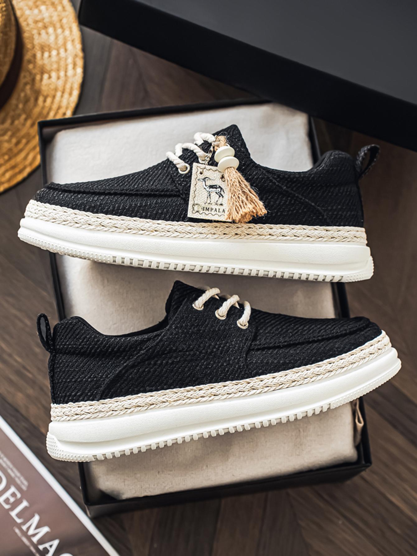 New Summer Men's Cotton Linen Shoes, Breathable Non-Stuffy, Straw Trim Fringe Design, Casual Retro Style, Perfect for Daily Wear