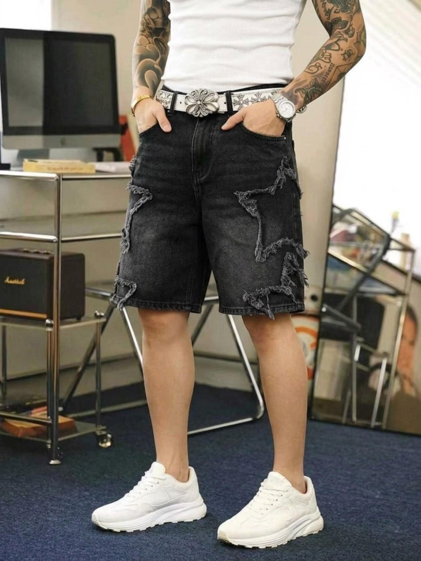 Summer Men's Retro Denim Shorts, Denim Look, Classic, Star Design, Pocket, Loose-Fitting, Plain Pattern, Casual Streetwear, Daily Wear, Comfortable and Stylish