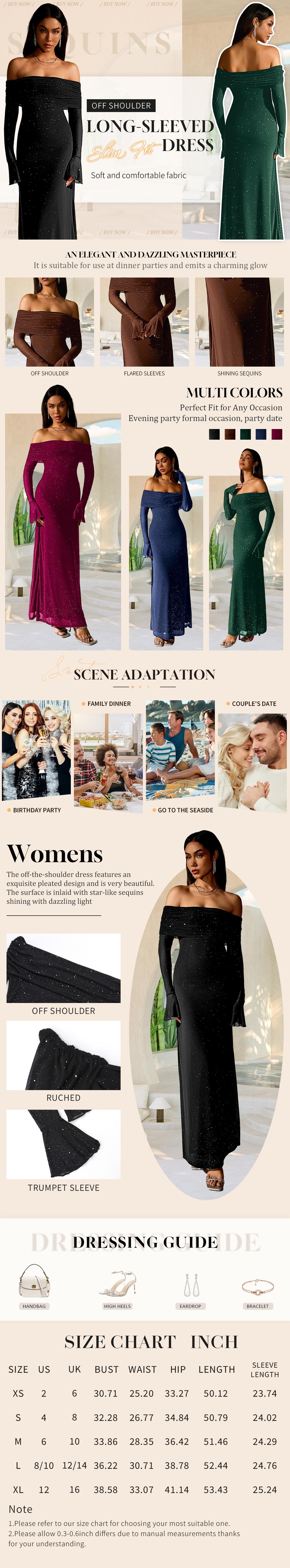 Parthea Women's Off The Shoulder Ruched Contrast Sequin Bodycon Dress, Elegant Long Sleeve Backless Evening Party Gown, Ladies Spring & Fall Clothes