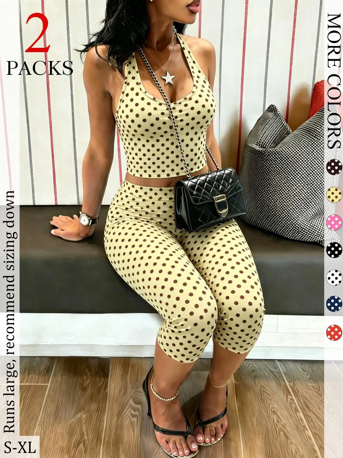2 Packs Women Polka Dot 2 Piece Outfit, Halter Crop Top & High Waist Capri Leggings Set, Bohemian Slim Fit Loungewear Tracksuit for Streetwear Summer
