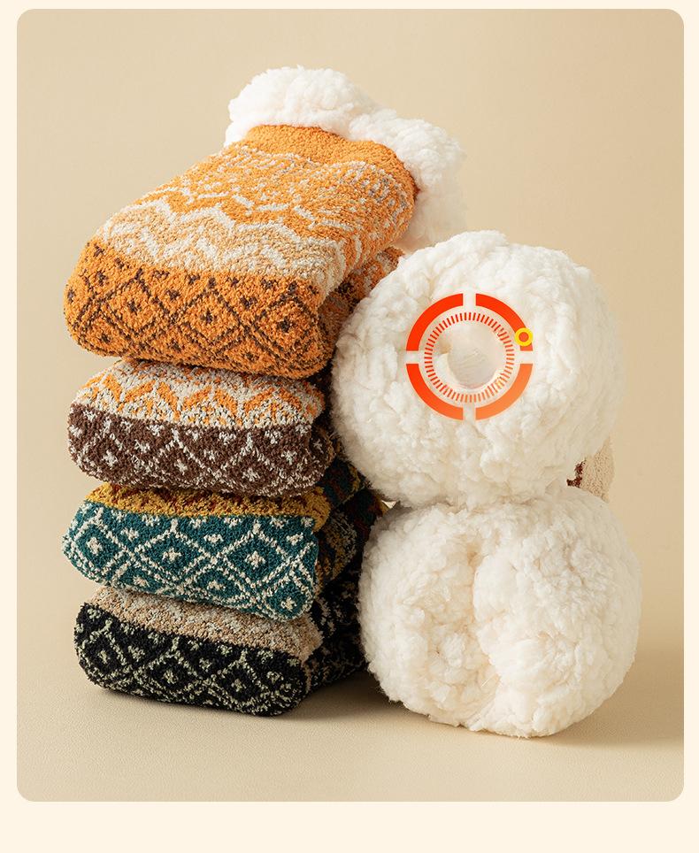 Women's Extra Thick Polyester Fiber Sherpa Fleece-Lined Floor Socks - Vintage Knit Geometric Fair Isle Thermal Non-Slip Cold-Resistant Retro Multi-Color Winter Household Foot Warmer Gift