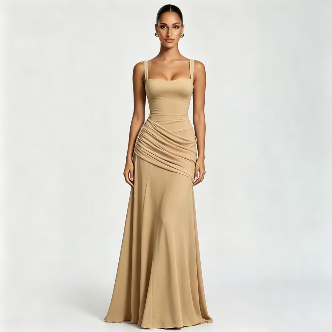 Women's 2026 Spring Summer Sleeveless Solid Color Cinched Waist Flared Formal Dress, European American Elegant Cocktail Party Evening Dress