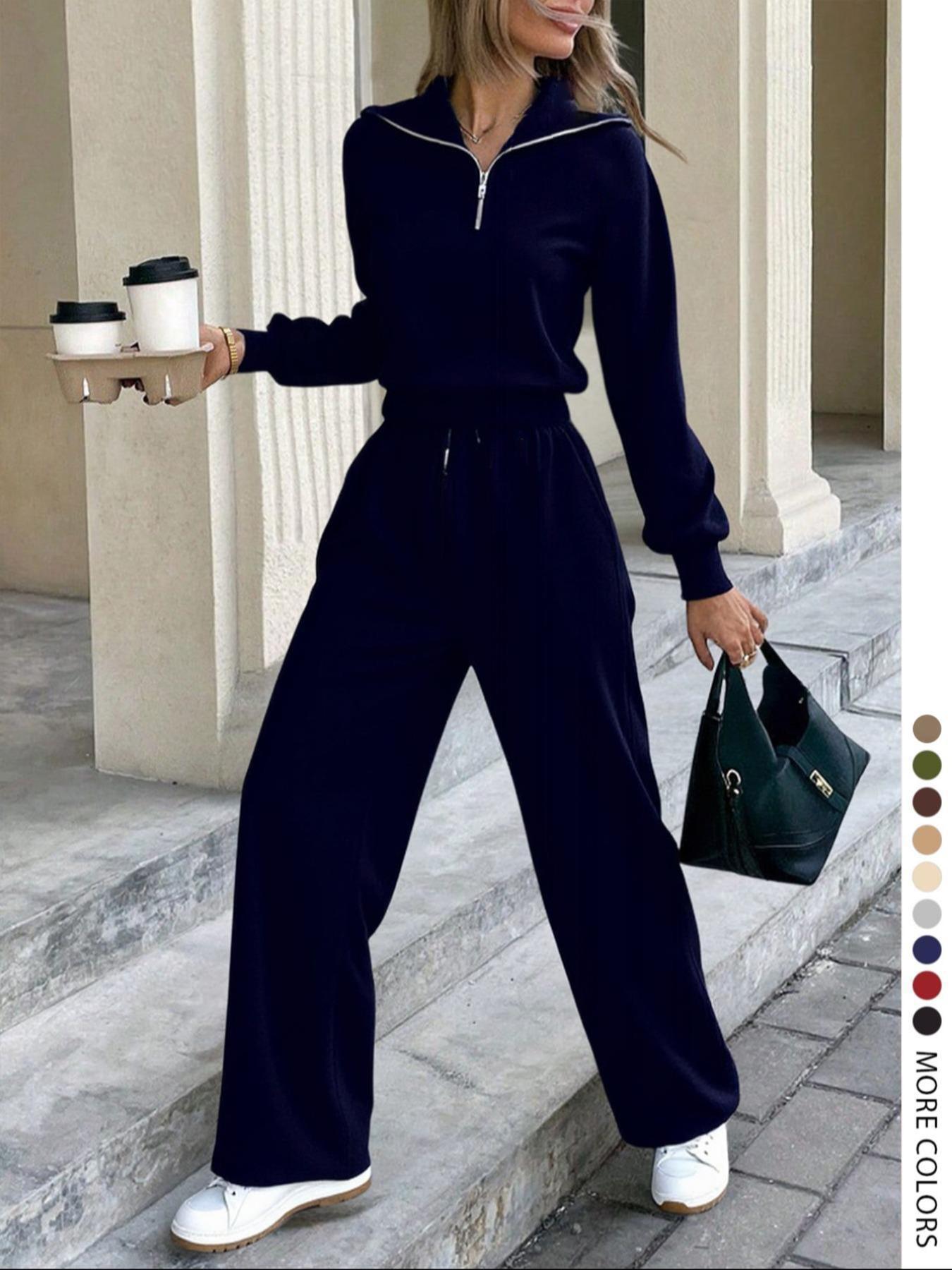 Pure Color Half-Zip Shoulder Pad Sporty Top Long Pants Set, Casual Loose-Fitting Short Upper Long Lower, Perfect for Spring Summer