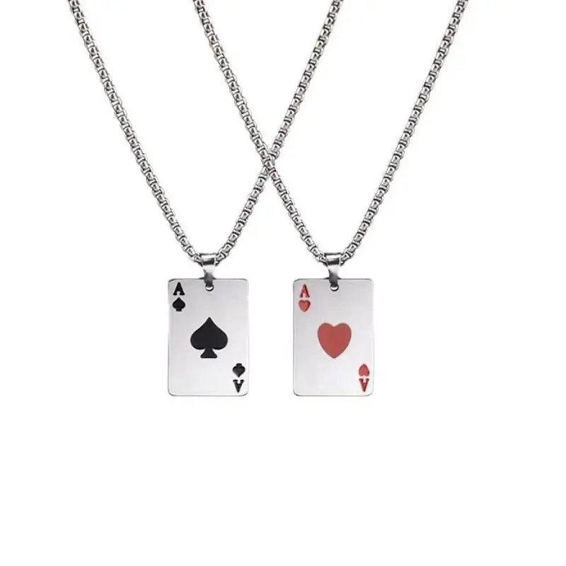 Hip Hop Stainless Steel Poker Card Ace of Spades Necklace For Men Pendant Chain Playing Cards Jewelry Ace of Hearts Necklaces