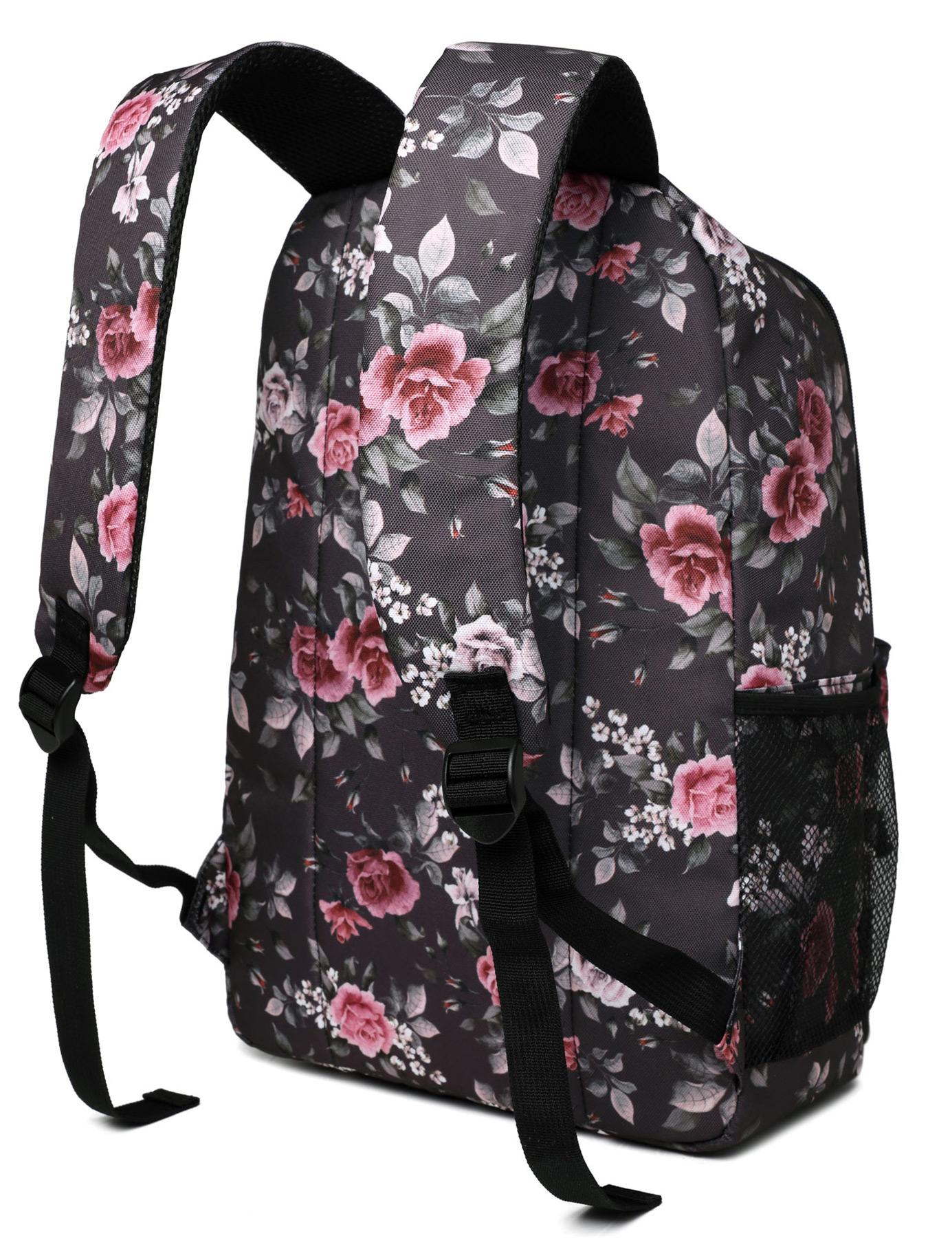 Large Capacity Waterproof School Backpack, Rose Pattern Laptop Bag, Multifunctional Travel Bag for Men & Women, Lightweight College Backpack