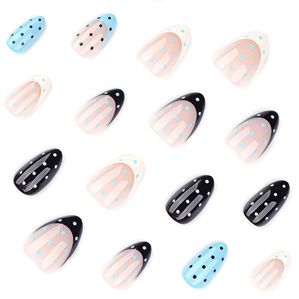 24pcs Short Almond Nail Tips Round Dot Pattern Removable Fake Nails Half Handmade Design Includes Nail File Jelly Glue