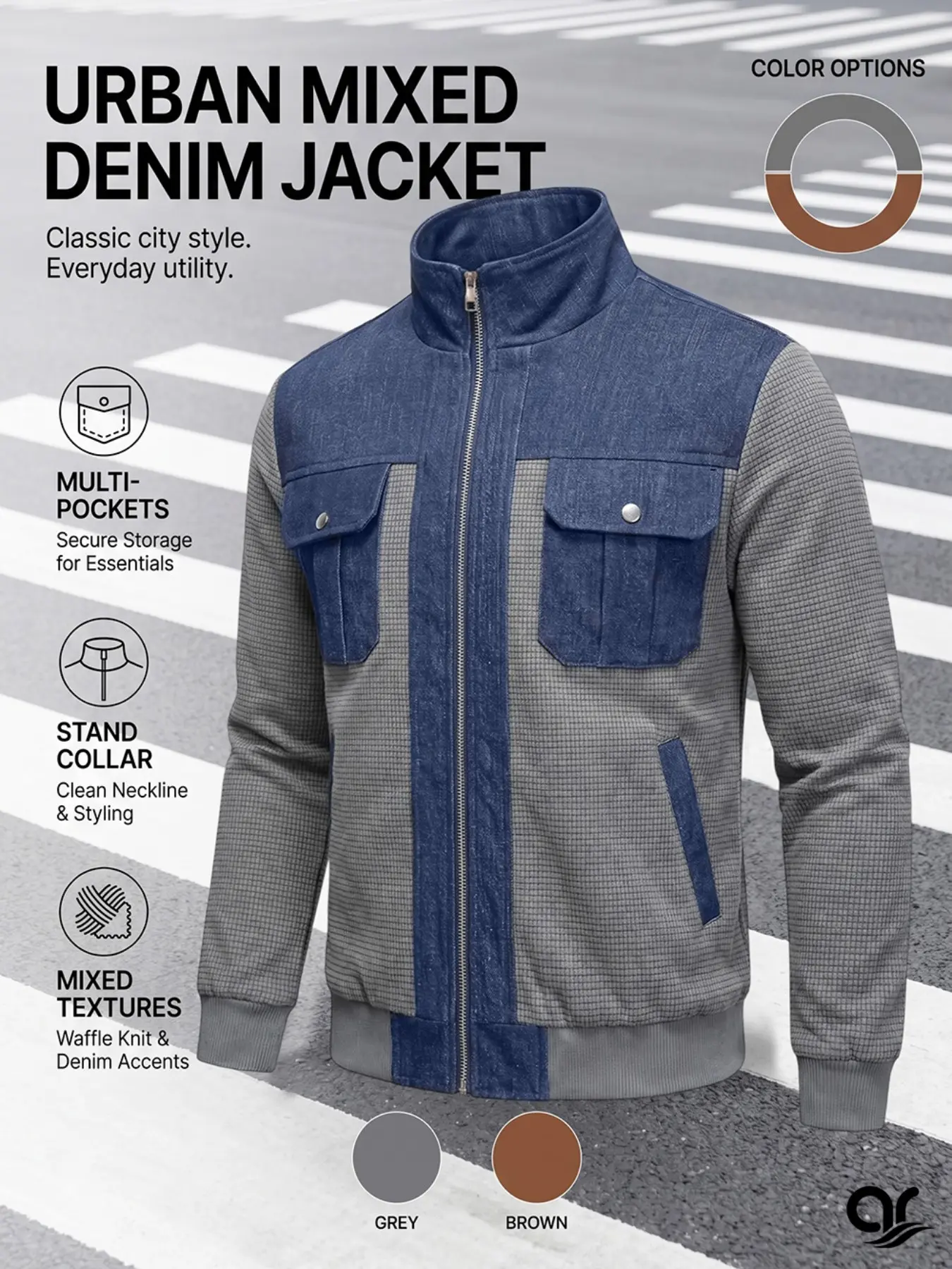 AR Men's Casual Zip-Up Utility Jacket | Urban Streetwear Mixed Texture Colorblock Denim Patchwork Coat with Stand Collar & Multi-Pockets | Lightweight Fall Outerwear for Everyday City Walk, Commute & Outdoor Sports
