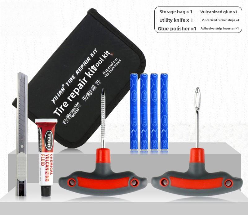 Car Motorcycle Electric Scooter Tubeless Tire Repair Kit with Vulcanizing Strips and Patching Tools