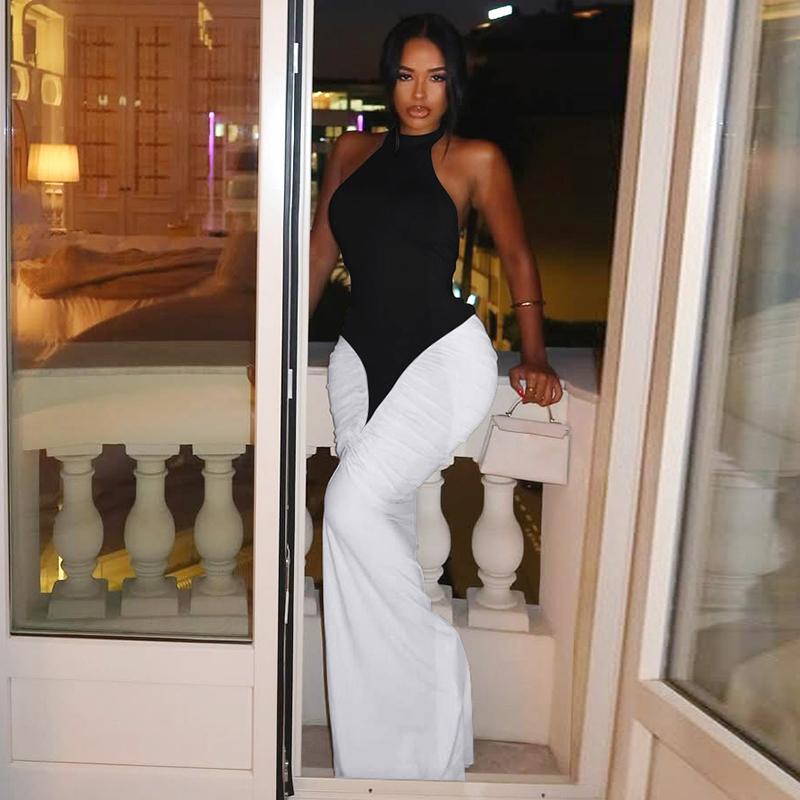 Women Summer Sexy Party Club Evening Halter Colorblock Backless Bodycon Long Dress Bodycon Dresses