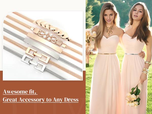 JASGOOD Women Skinny Metal Waist Belt Gold Waistband Elastic Metal Chain Waist Belt for Dress