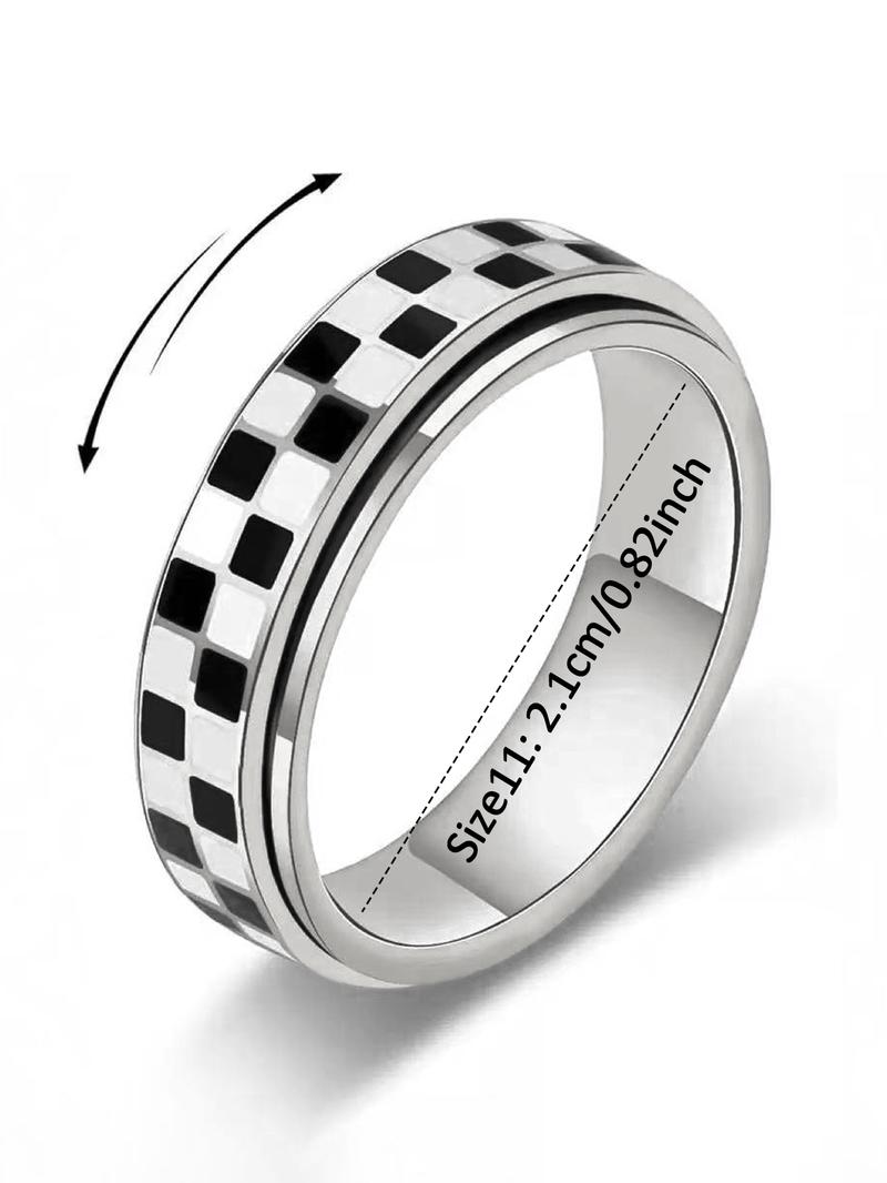 Stainless Steel Checkered Rotating Stress Relief Adjustable Ring, Unisex Casual Daily Wear, Simple Chessboard Design Jewelry