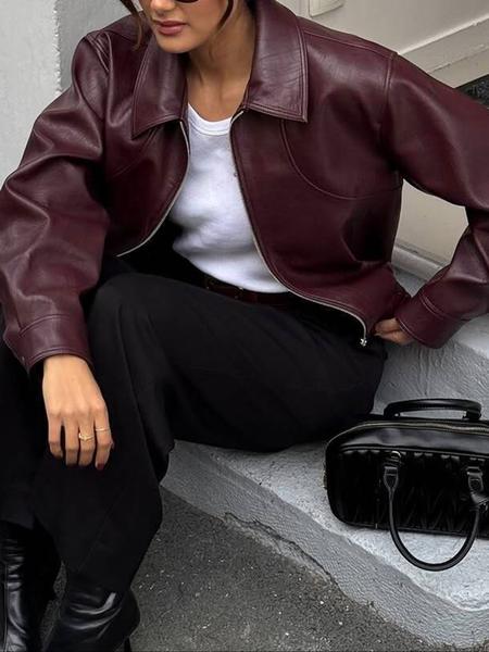 Women's Plain PU Leather Jacket, Casual Fitted Fall Outerwear Coat, Comfortable Moderate Fabric for Daily Wear & Office Use