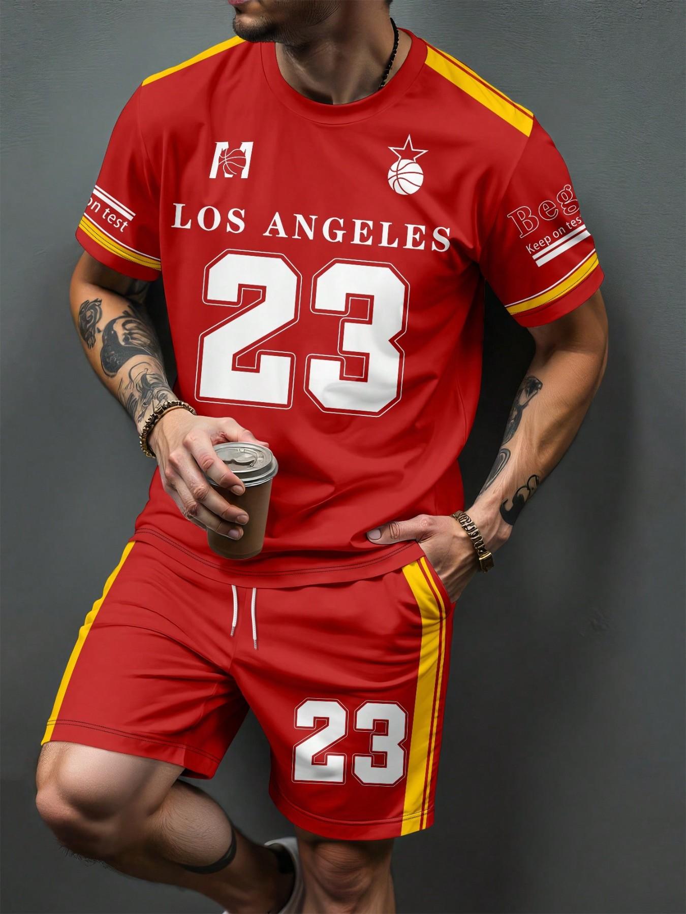 Men's 2-Piece Summer Set, Short Sleeve Printed T-Shirt & Shorts, Casual Fitted Style, Above the Knee, Trendy Summer