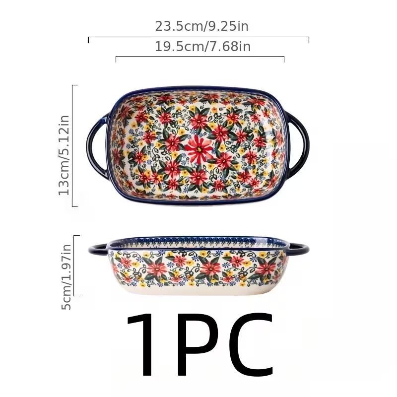 730ML Floral Ceramic Baking Dish, Rectangular Serving Dish with Handles, Ideal for Rice, Salad & Cheese, Elegant Kitchen Essential