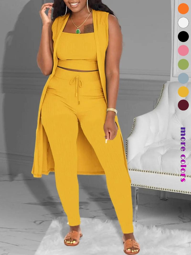 Three-Piece Set Women's Solid Crop Tank Top & Tie Front Pants & Open Front Outerwear Set, Casual Cropped Top & High Waist Trousers & Outerwear, Ladies Clothes for Daily Wear