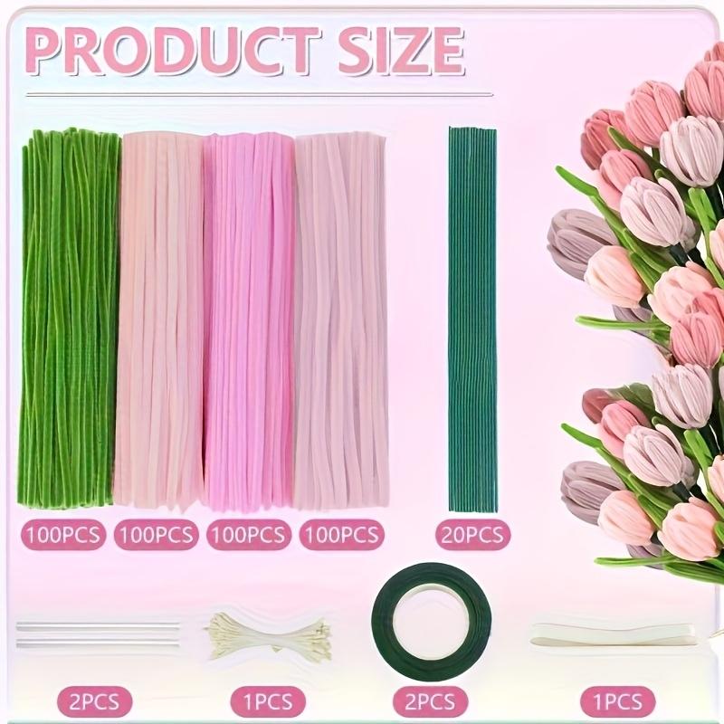 DIY Craft Kit, 400 Pieces Pipe Cleaners, 4 Colors, Chenille Stems, Floral Making Supplies, Includes String, Tape, Buds & Ribbons