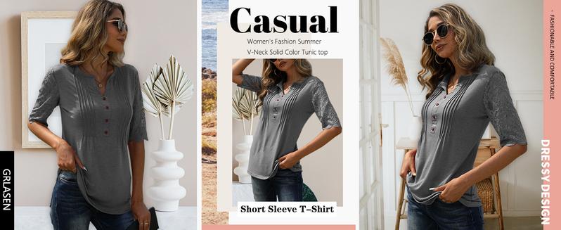 Danedvi Women's fashion summer pleated button lace half sleeve T-shirt V-neck solid color casual Tunic top