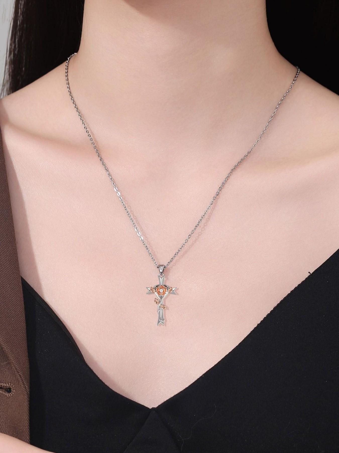 Cross Rose Glow · Dual Charm Original niche rose cross gem necklace with red preserved rose gift box. Ideal for birthdays, Mother's Day, Valentine's Day and all festivals.