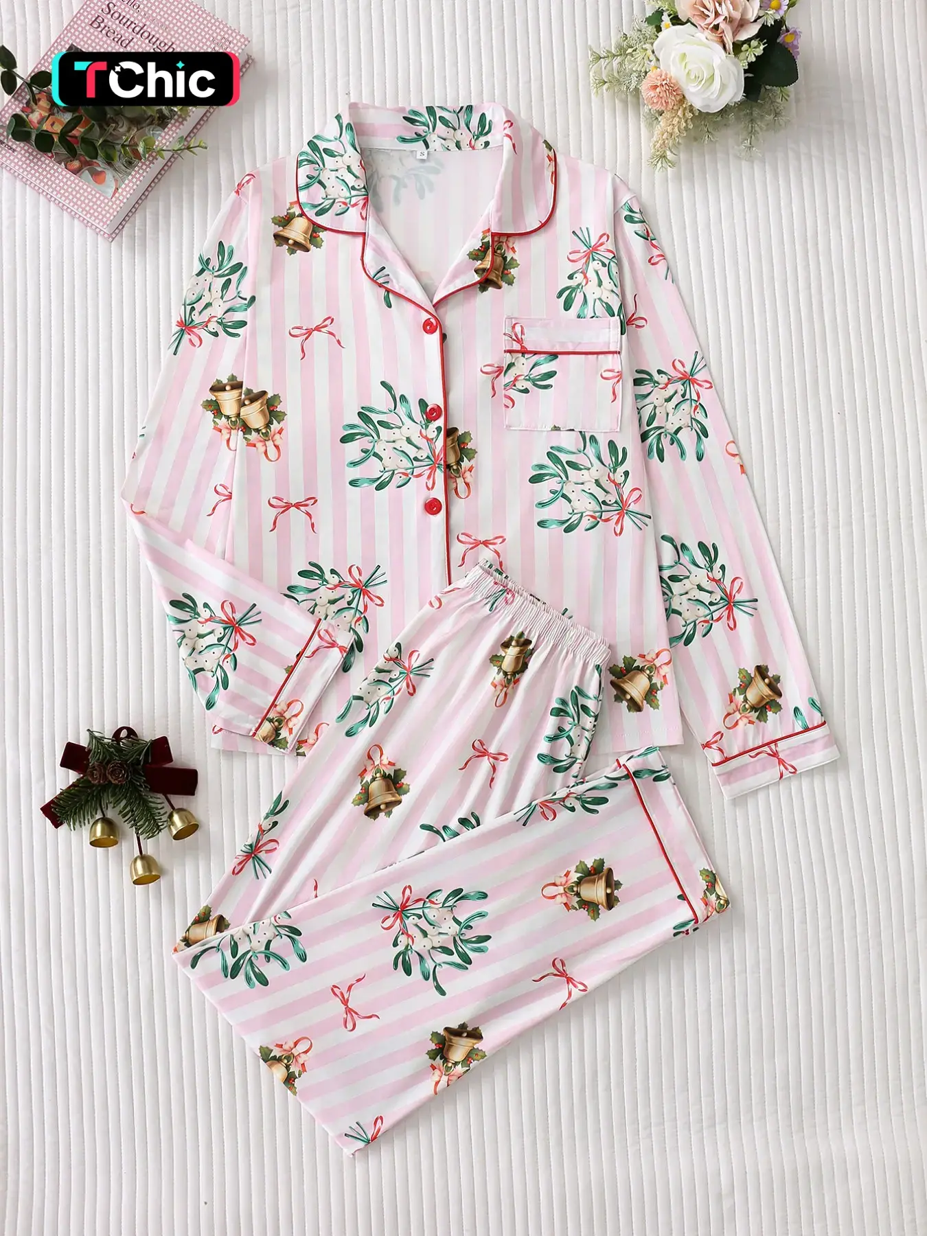 Women's Long Sleeve Pajama Set, Striped Christmas Bell Print, Fitted Top with Button Neck, Elastic Waist Pants, Comfortable Home Wear
