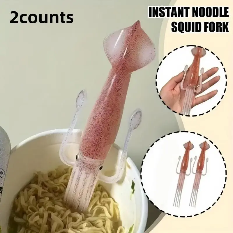 2pcs Heat Resistant Silicone Squid Shaped Noodle Forks, 3-In-1 Multifunctional Ramen Spaghetti Salad Kitchen Tool, Fun Adult Gift, Kitchen Utensils Gadgets