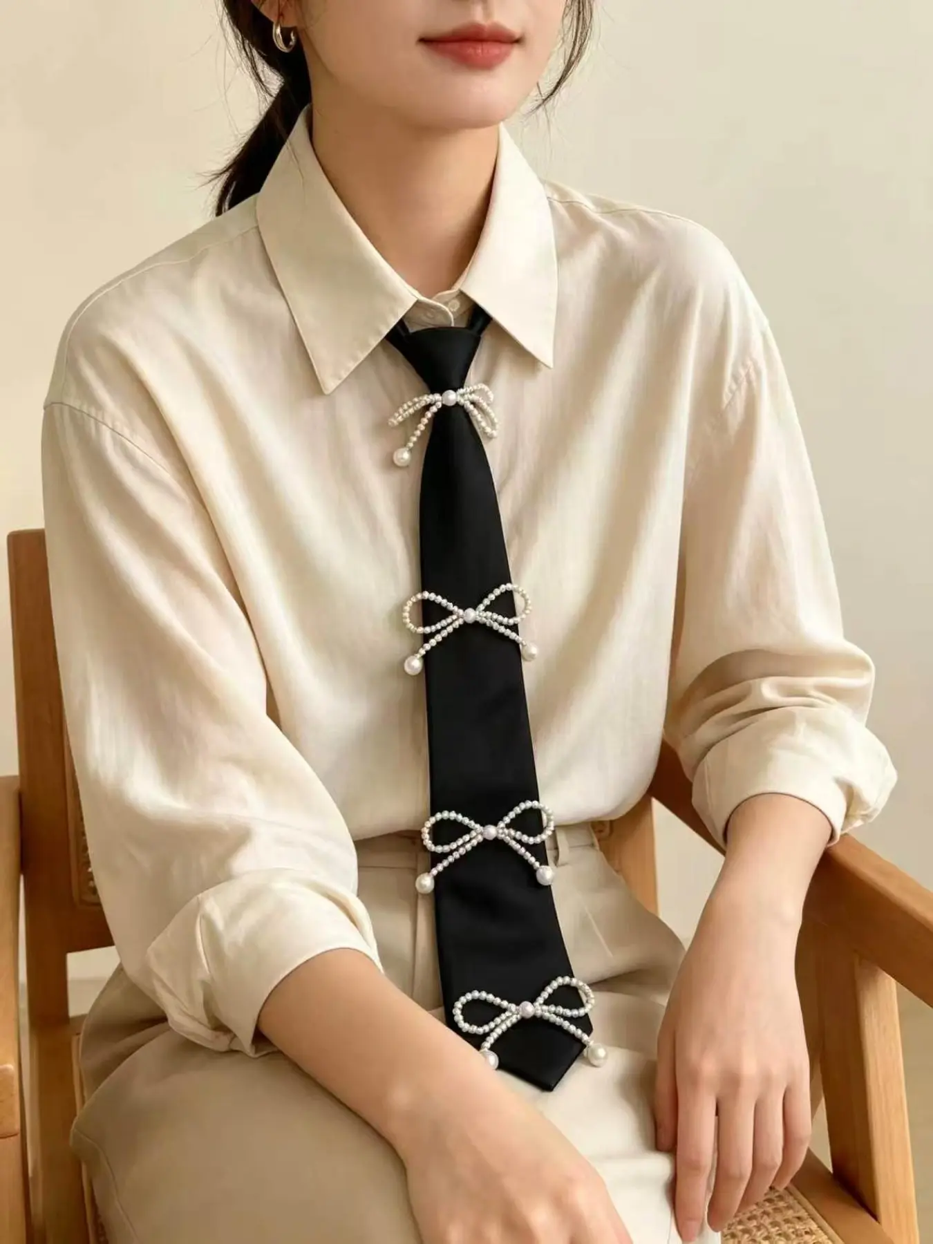 Original Elegant Commuter Style Tie, Adjustable Lazy Design, Pearl Bead Decoration, Perfect for Wedding, Office, Formal Events, Styling, Neck Tie