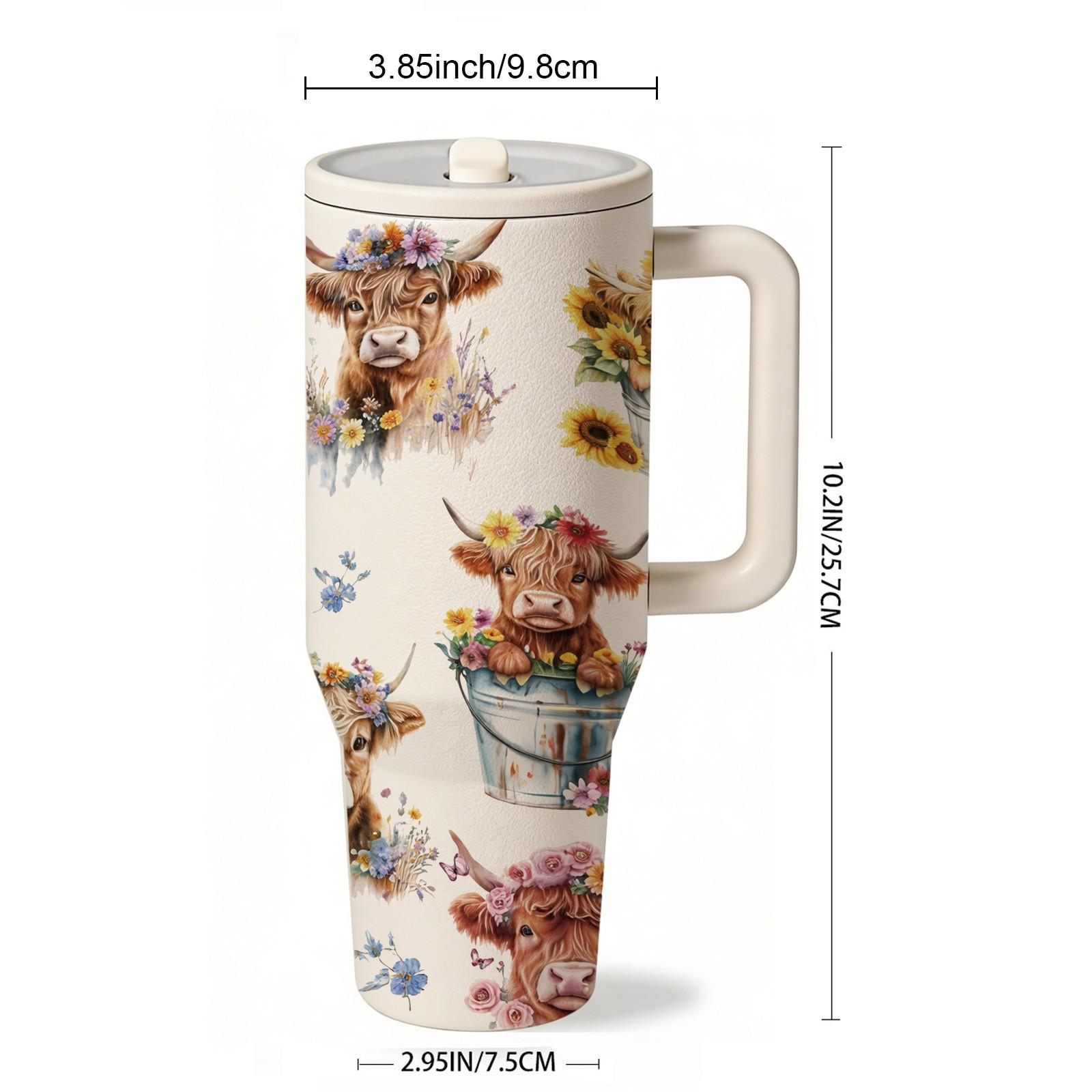 AuraCup 1pc 40oz Insulated Tumbler with Handle and Lid, Highland Cow Floral Farm Style Stainless Steel Travel Cup, Cute Cowgirl Sunflower Design Coffee Water Mug, Double Wall Vacuum Tumbler for Hot Cold Drinks, Perfect Gift for Farm Lovers, Country Wester