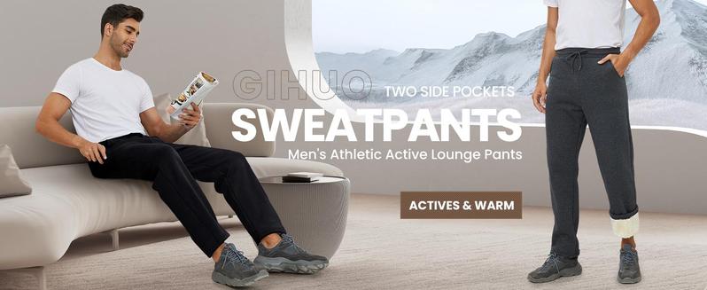 Gihuo Men's Winter Fleece Pants Sherpa Lined Sweatpants Active Running Jogger Pants with Ribbed Leg Opening Elastic Waist Drawstring Comfortable Fit Two Slant Pockets Easy Care Made in US Sizes