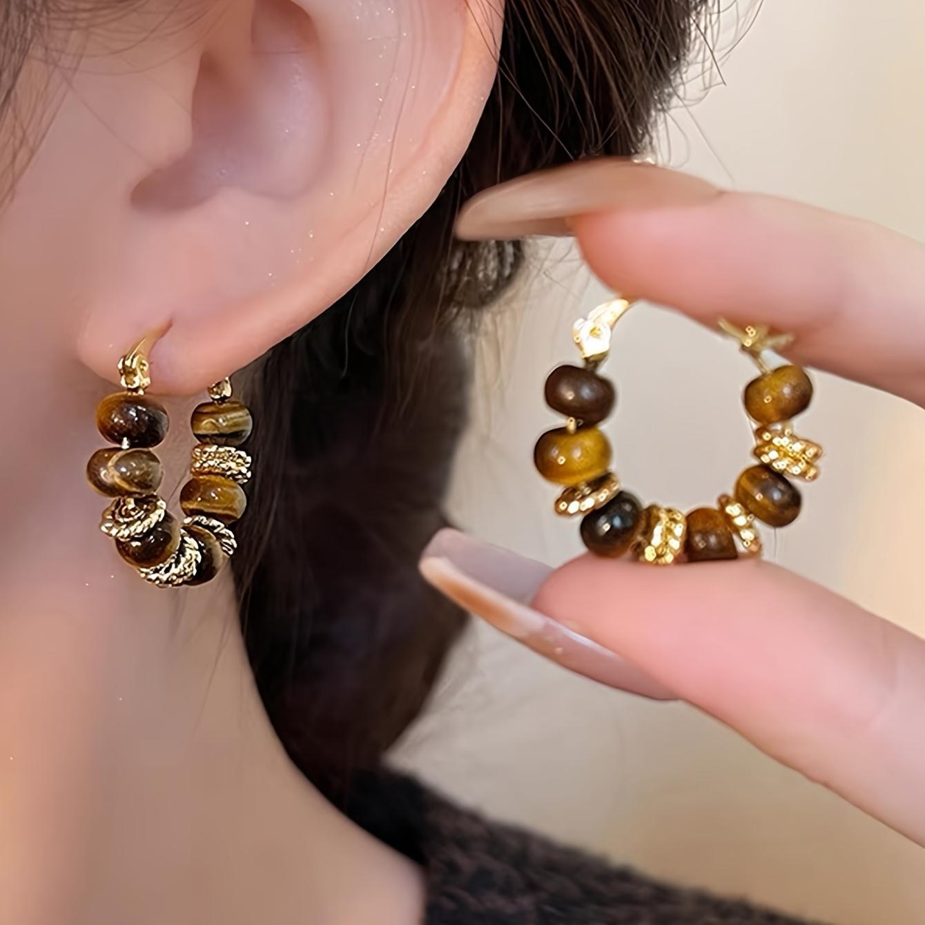 Women's Geometric Design Amber Beaded Earrings Set - Retro Elegant High-End, Suitable for Daily, Party Wear