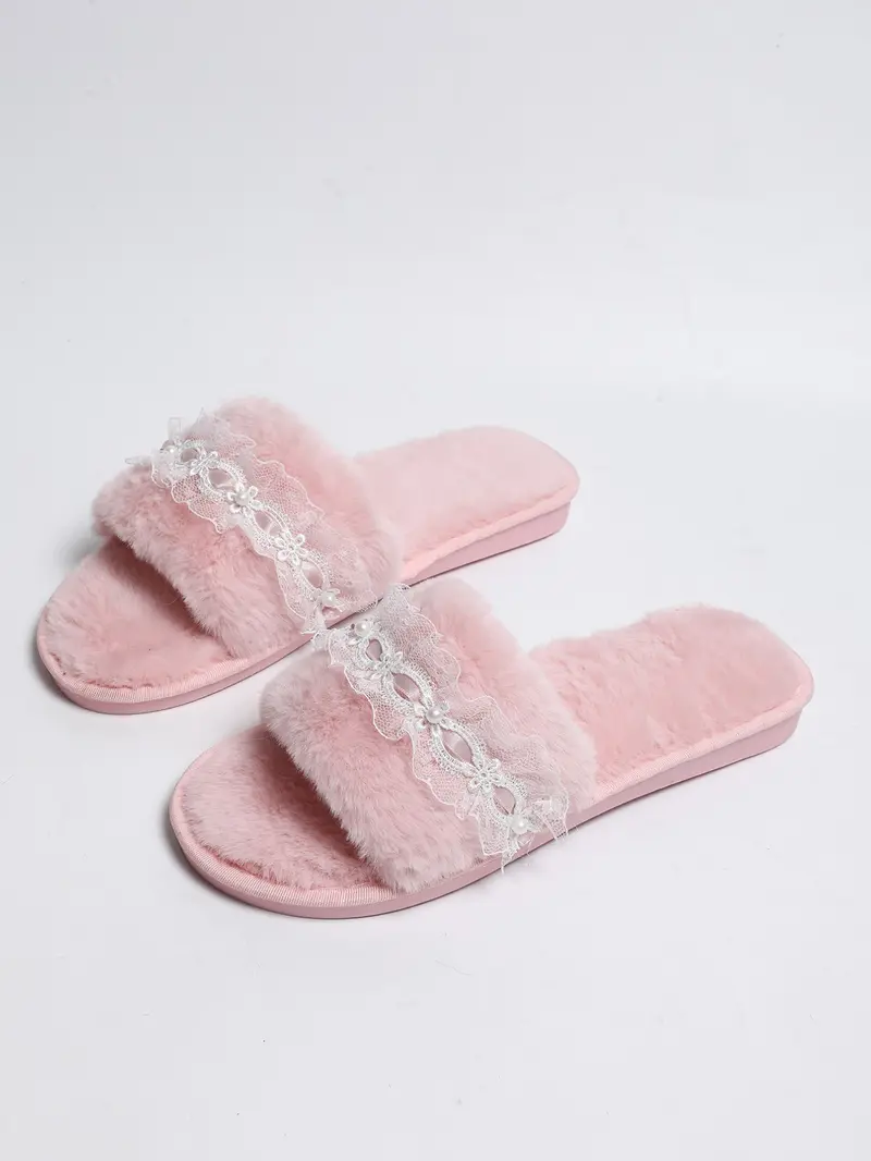 New Lace Plush Slippers, Girl's Heartfelt Home One-Strap Slippers, Princess Style Pearl Lace Plush Slippers, Fashionable and Cozy