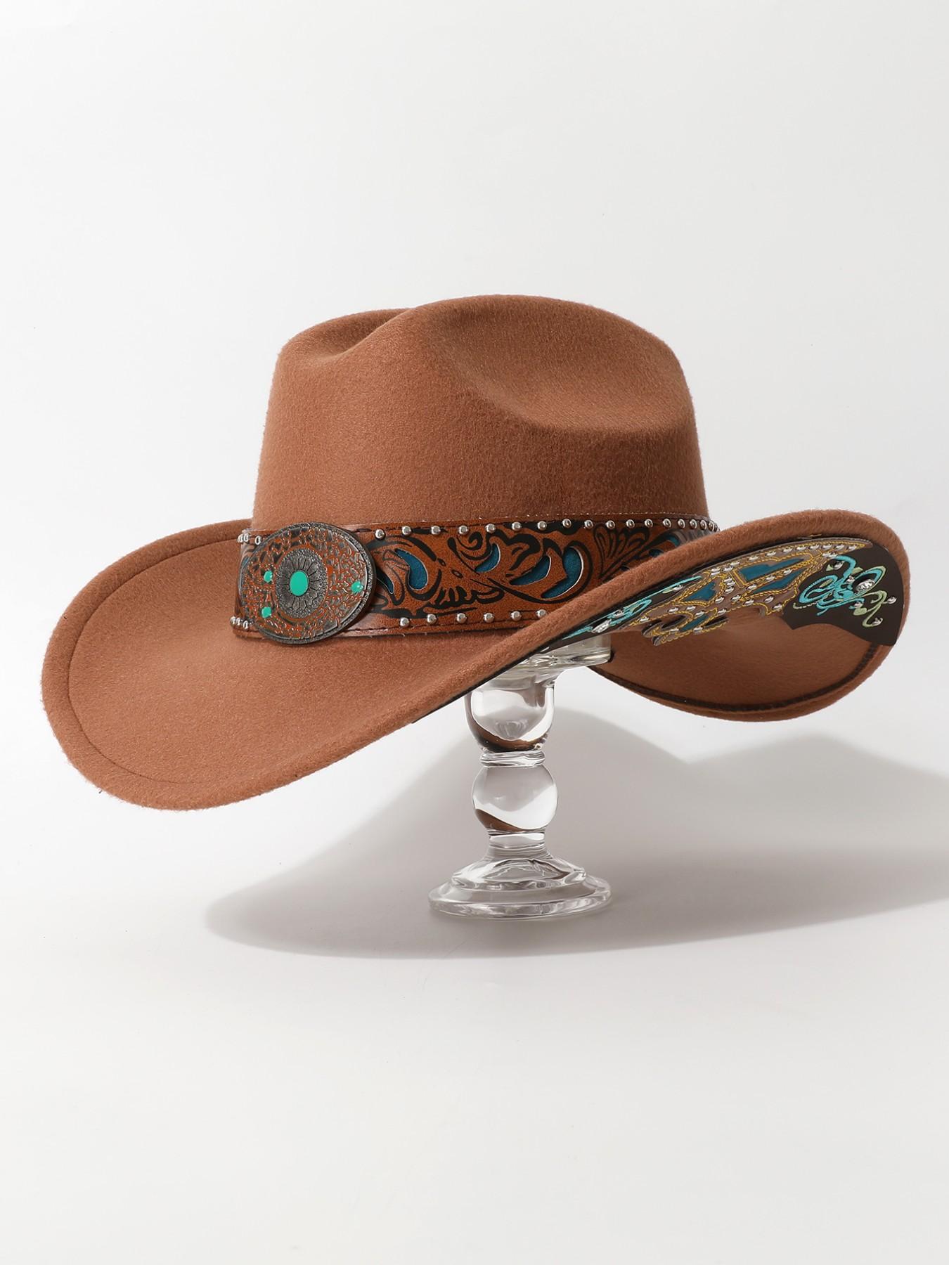 Women's Ethnic Style Cowboy Hat, Cowgirl Hats, Buckle Design Embroidery Brim Patch Decorative Dress Up Hat, Party Western Theme Event Accessory