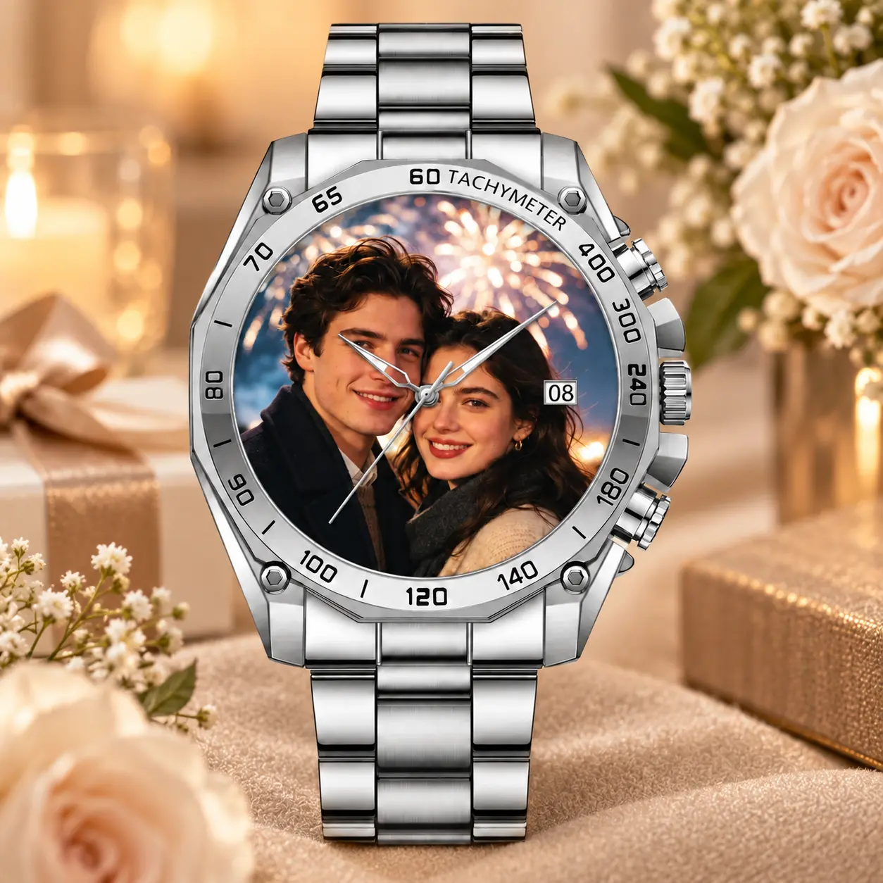 Custom Photo Men’s Watch, Personalized Picture Dial Stainless Steel Wristwatch, Custom Couple Photo Watch, Unique Gift for Husband Boyfriend Dad, Birthday Anniversary Gift