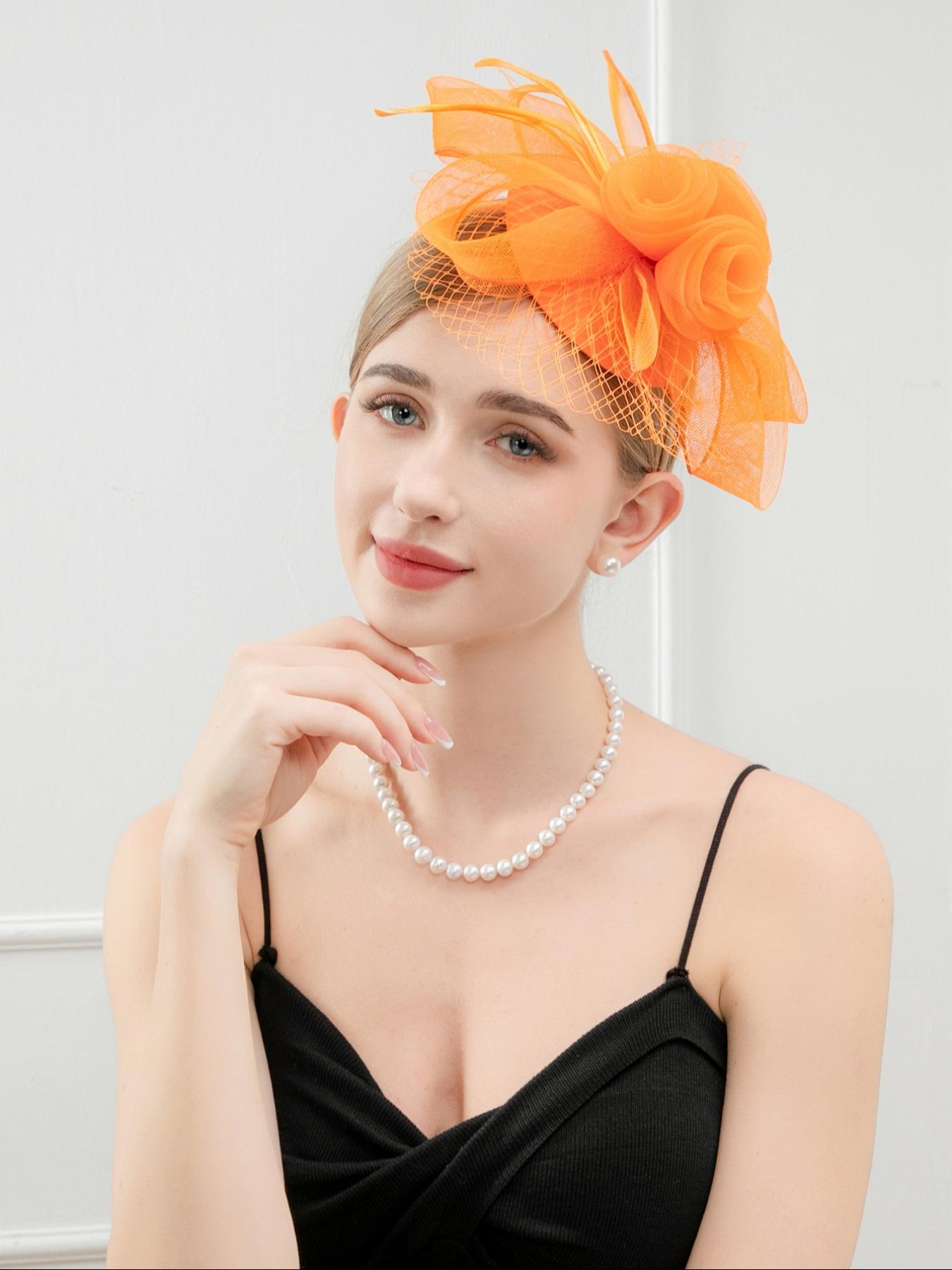 NWT ORANGE FASCINATOR Hat Headband Clip Derby Church Tea Hair‎ Accessory Party/Cocktail Orange Fascinators & Headpieces for Women for  main image 2