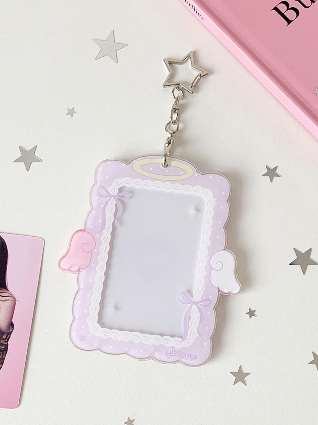 Sweet Girl 3 Inch Angel Wings Keychain Card Holder, Student Hollow Out Visible Small Card Display Case, Idol Fan Accessory, Id Holders For Badges, Id Badge Holder, Badge Accessories